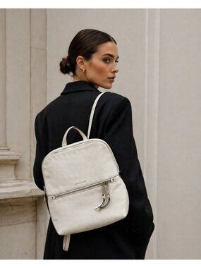 Michael Kors White Leather Backpack Women MK Gold Hardware Medium Travel Work
